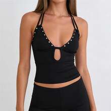 Womens Rivets Studded Halter Neck Plunge Cami Top Self-Tie Spaghetti Straps V-Neck Cut Out Front Crop Tank Top Camisole Vest Y2K Streetwear Party Tops - 黑色 - 查看 6
