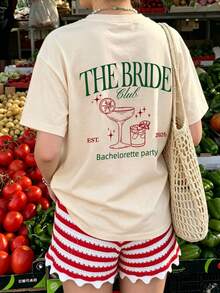 1 chiếc áo thun nữ tay ngắn cổ tròn mùa hè, in chữ "THE BRIDE, EST. 2026", thích hợp cho tiệc độc thân, trang phục cưới, áo mùa hè thường ngày. - Màu be - Xem 5