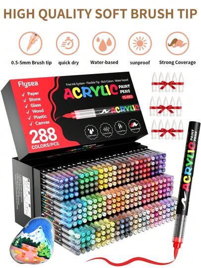 12/24/36/48/72/120/168/240/288 Colors Professional Acrylic Paint Markers, Vibrant Hues, New Free-Flowing Ink System, Soft Brush Tips, High Color Coverage For Black Paper, Smooth Writing, Suitable For DIY Coloring, Glass & Stone Painting. Boxed & Fabric Storage Bag Design, Easy To Store And Carry, Handheld Or Shoulder Strap.