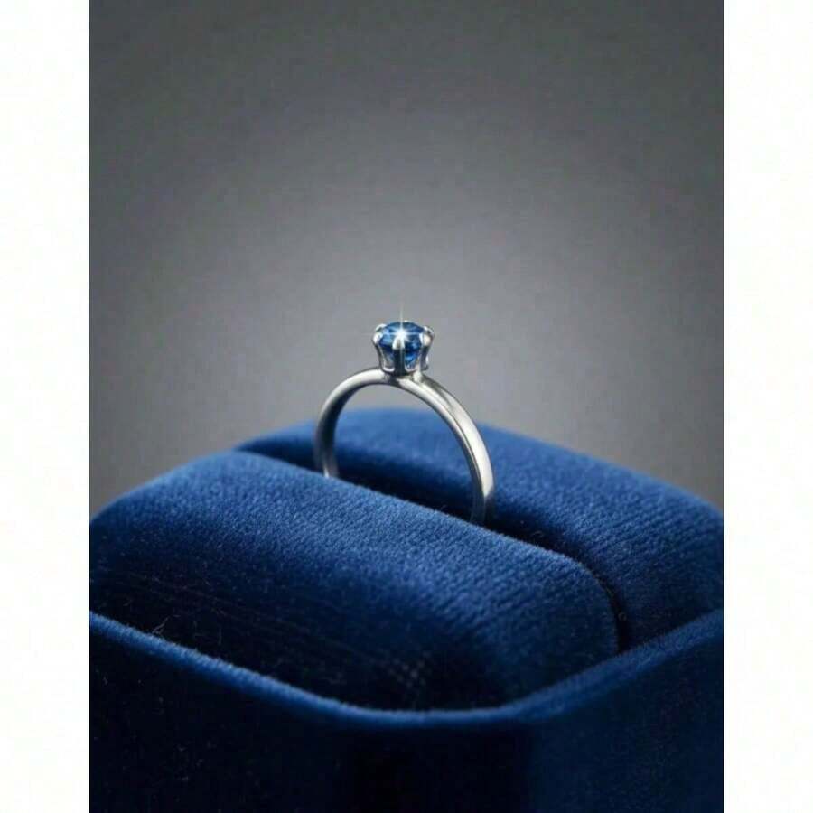 Stainless Steel Ring In Silver Solitaire With Colored Zirconia Stone, 4mm, For Graduation Or Debutante Parties. - Blue - View 1