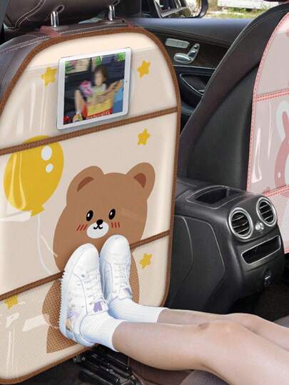 Protetor de encosto de banco de carro com desenho de urso, 1 unidade. Almofada anti-sujeira para carro infantil com bolso transparente e bolsa de rede. Capa protetora contra poeira para interior de carro. Essencial para viagens de mães e bebês. Ótimo presente para chá de bebê.