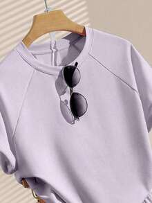 Conjunto de camiseta y pantalones cortos para mujer, color amarillo sólido, uso casual de verano, diseño gráfico, elegante, versátil, diario, al aire libre, compras, viajes - Morado - Ver 5