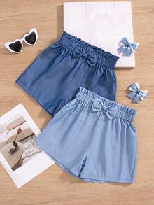 2pcs/Set Girls Casual Solid Color Shorts With 3D Bow Decor, Suitable For Spring & Summer Outings - Multicolor - View 1