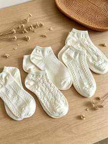 5 Pairs Women's Off-White Cable Knit Patterned Socks, Soft Girl Style Ankle Socks, Versatile Daily Wear Essentials - Multicolor - View 3
