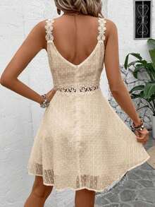 Vestido de espagueti con cordones de encaje de parche sólido para mujer que realza la cintura - Negro - Ver 8