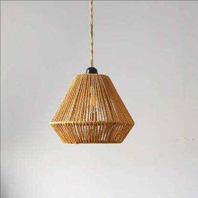 1pc Bohemian Style Paper Rope Handmade Woven Moon-Shaped Metal Lampshade, Diameter 15.74 Inches, Retro Style Lampshade, Chandelier Accessory (Does Not Include Bulb, Lamp Holder, Or Hanging Wire), Silent Vintage Chandelier Lampshade, Easy To Install, Suitable For Cafes, Bars, Restaurants, Indoor Spaces
