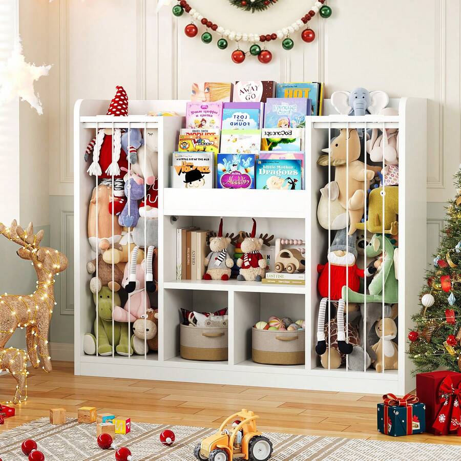 ONBRILL 2-In-1  Toy Storage Organizer, 4-Tier Stuffed Animal Storage With Bookshelf, Kids Toy Storage Shlef With 3 Open Cube With Rounded Corners, Bookshelf For Kids Room, Playroom, Bedroom, White - White - View 1