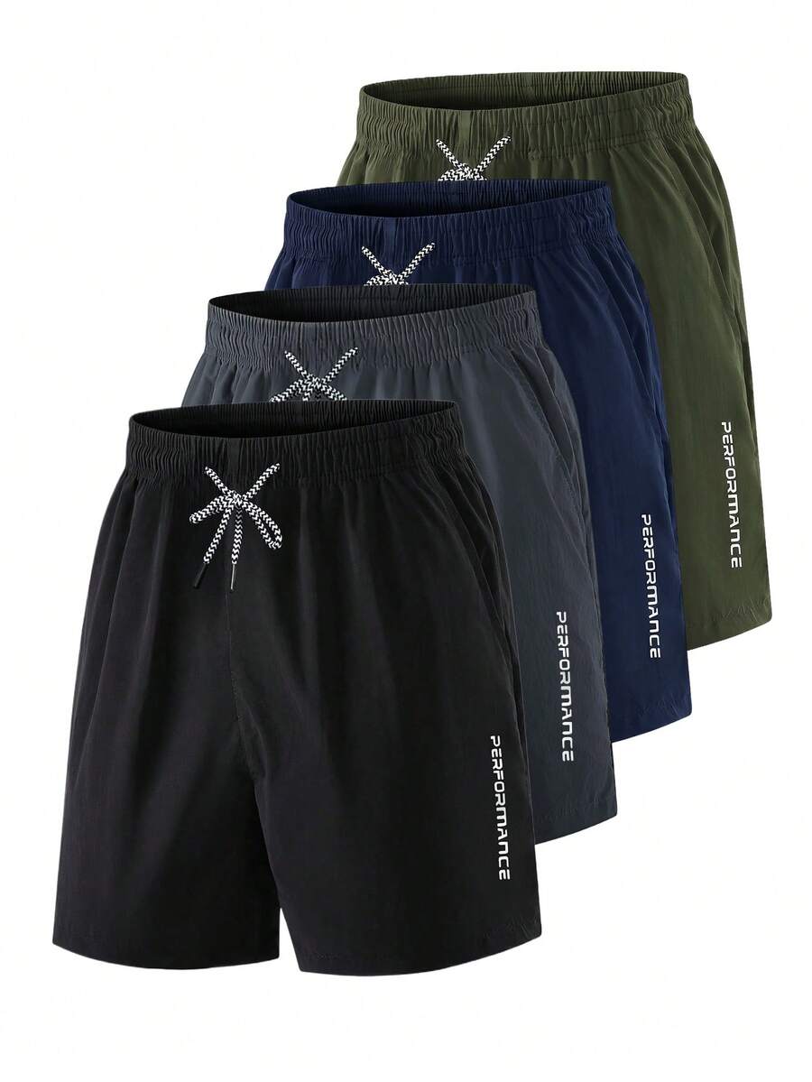 1pc Men's Sports Shorts, Summer Drawstring Fitness Running Knee-Length Shorts With Pockets & Prints, Suitable For Daily Wear - Black - View 1