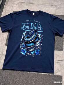 1PCS Men Creative Short Sleeve Print T-Shirt Blue Dragon And Flower Pattern With Vons Dutch Text Casual Wear Soft Fabric Breathable Print T-Shirt Summer Style 2026 - 藏蓝色 - 查看 3