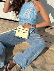 Bohemian Style Printed Spaghetti Strap Pointed Hem Casual Vacation Blouse For Women, Suitable For Holiday, Beach, Daily Wear, And Dates Summer - Baby Blue - View 5