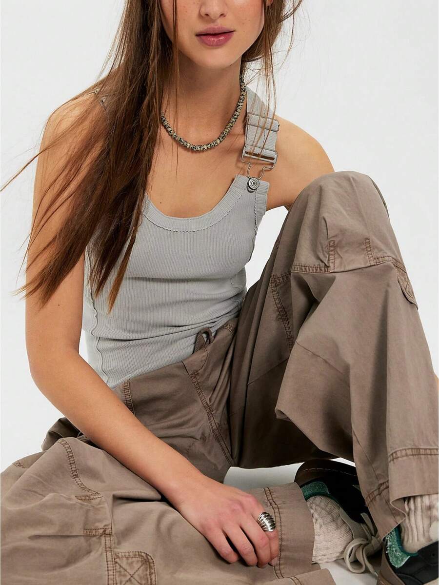 Women Buckle Ribbed Tank Top Scoop Neck Sleeveless Cute Fitted Going Out Tops Free People Teen Girls Y2K Vintage Punk Grunge Tanks - Màu Xám nhạt - Xem 1