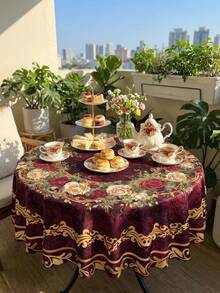 1 件长方形/椭圆形/圆形 60x84/70/60x120 英寸酒红色金色玫瑰花卉印花桌布，奢华复洛克风格涤纶面料桌布，蕾丝扇形边，防水防污防油防皱可水洗可重复使用桌布，适用于家居装饰 - 彩色 - 查看 16