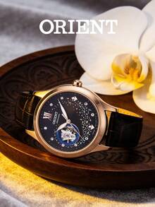 Orient Đồng hồ cơ tự động nữ, mặt số vàng hồng đính sao và kim cương, mặt trăng lưỡi liềm màu xanh lam và dây da hình mặt cười | Đồng hồ đeo tay sang trọng lấp lánh | Món quà sinh nhật trong mơ dành cho nàng | - Đĩa bầu trời sao ruy băng nâu - Xem 4
