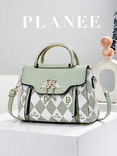 [PLANEE] Women's Green Plaid Swan Decor Handbag, Multifunctional Portable Tote Bag With Detachable Shoulder Strap, Ladies' Daily Crossbody Bag