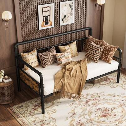 Tamaño doble del marco de cama de metal, plataforma de sofá cama, cama de día con fuertes soportes para la sala de estar, el dormitorio y la habitación de huéspedes, negro y marrón