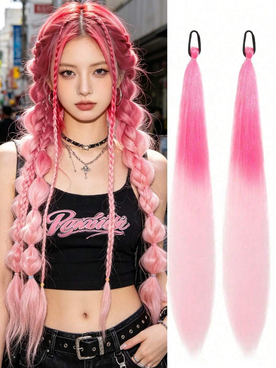 Pink Braided Wig With Elastic Band, Synthetic Pink Ponytail, Suitable For Women, Can Be Used For Halloween, Music Festivals, Parties, Cosplay, Holidays And Other Occasions
