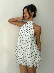 Vestido mini elegante de mujer con cuello halter y lazo en color amarillo claro - Verde - Ver 5