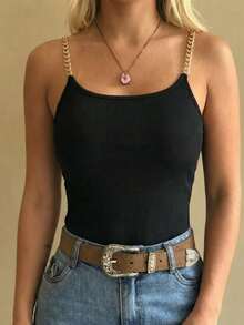 Summer Casual Solid Color Chain Strap Round Neck Bodycon Camisole Black - Black - View 3