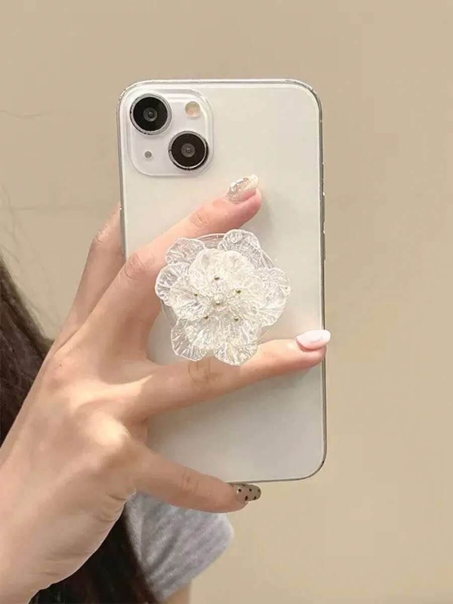 冰晶花手机支架，透明3D山茶花手机支架，少女双层花朵手机支架，优雅透明可折叠慵懒手机支架，可调节旋转桌面床头适用，送朋友的礼物，万圣节和圣诞节礼物 - 彩色 - 查看 1
