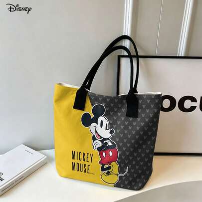 Disney Mickey Mouse Canvas Tote Bag, Yellow & Grey Color Block Shoulder Bag For Daily Use