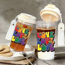 1pc/5pcs 500ml Stainless Steel Vacuum Insulated Coffee Tumbler, Rainbow Love Theme. Rainbow Love Theme Design, Keeps Drinks Hot/Cold, Portable With Hanging Strap, Suitable For Commuting, Travel Or Daily Use. Made Of Stainless Steel To Maintain Beverage Temperature For Long Time. Fashionable Personal Item Or Thoughtful Gift, Essential For Couples. - Blue - Colorful LOVE - View 4