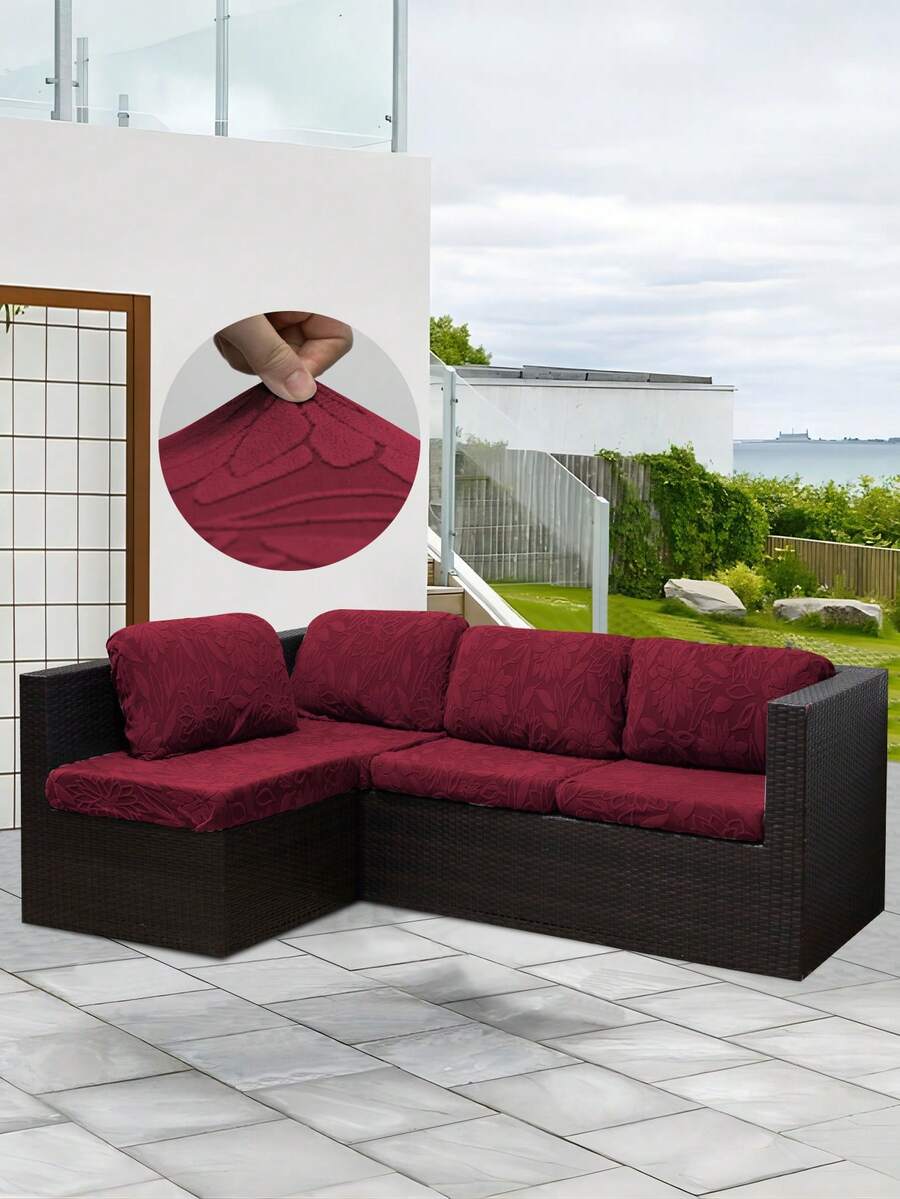 1pc Camellia Jacquard Outdoor Sofa Seat Cushion Cover, Solid Color Polyester Elastic Removable Semi-Enclosed Sofa Cushion Cover, For Patio, Terrace, Garden Sofa - Burgundy - View 1