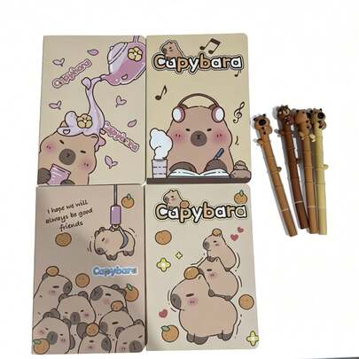 8件套笔记本、笔、文具套装，水豚图案，4本笔记本+4支笔，小学生创意礼物，学生便携笔记本