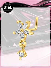 Y2K金女士鼻环耳钉 20G不锈钢L型鼻环，精致垂坠式鼻部穿孔饰品 CZ蝴蝶鼻钉 - 金色 - 查看 10