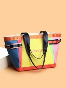 New Women's Tote Bag, Dopamine Color Block Tote Bag, Nylon Material, Vibrant Rainbow Color Block Design, Versatile Open Top Design, Wide Strap For Comfortable Carrying, Suitable For Commuting, Shopping, Travel - Yellow - View 2