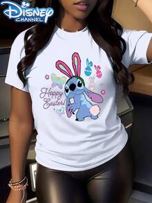 Disney Officially Women's Summer New Fashion Round-Neck T-Shirt, Happy Easter Stitch Print Women's Casual Breathable Short-Sleeved Top, Suitable For Spring, Summer And Autumn Outings - 白色 - 查看 6