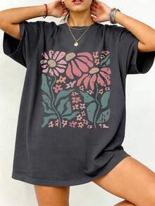 Boho Daisy Flower Tee Shirt  Botanical Tee Boho Tee Wildflower Shirt Plant Shirt Retro Floral T-Shirt Gardener Gifts  Casual Plus Size T-Shirt With Floral Print For Women Round Neck Short Sleeve Knitted Fabric Top - 深灰色 - 查看 3