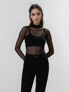 Mock Collar Tulle Blouse With Long Sleeves, Transparent Knit Fabric, No Bra. - KIT2 preta+preta - 查看 2