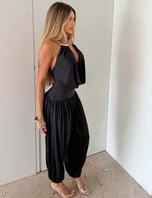 Women's  Jumpsuit With Draped Neckline, Low Waist, Bow, Open Back, Luxurious And Sophisticated. - 黑色 - 查看 6
