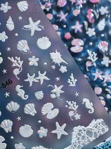 2pcs 3D Laser Ocean Starfish Shell Nail Stickers, White Glass Wave Seahorse Coral Self-Adhesive Nail Art Decals For Summer Beach Party - White - View 6