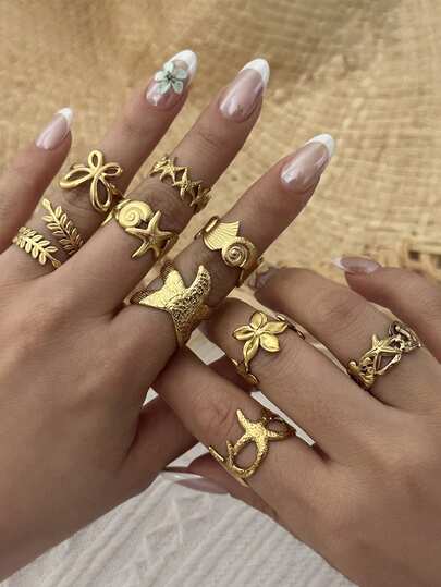 9件套时尚18K镀金不锈钢海洋风贝壳、蝴蝶和花朵戒指套装