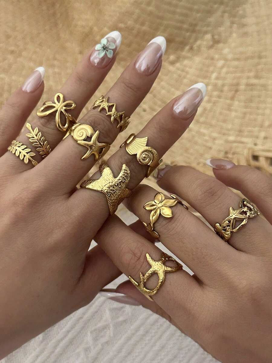 9件套时尚18K镀金不锈钢海洋风贝壳、蝴蝶和花朵戒指套装 - 金色 - 查看 1