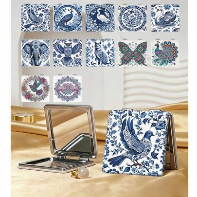 1pc Chinese Style Decorative Folding Compact Mirror, Lightweight, Portable, Durable PU Leather, Suitable For Travel, Gatherings, Work, School, Suitable For All Ages