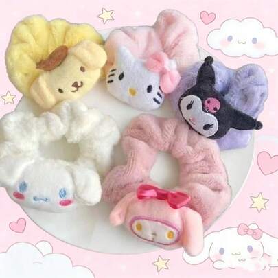 SANRIO 5件套Hello Kitty、My Melody、Cinnamoroll毛绒发圈套装，日常发饰