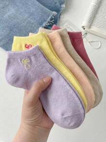 5 Pairs Heart Pattern Socks, Cute Girl's Mid-Calf Socks With Ruffle Trim, Korean/Japanese Style, Random Colors, Spring/Summer - Multicolor - View 2