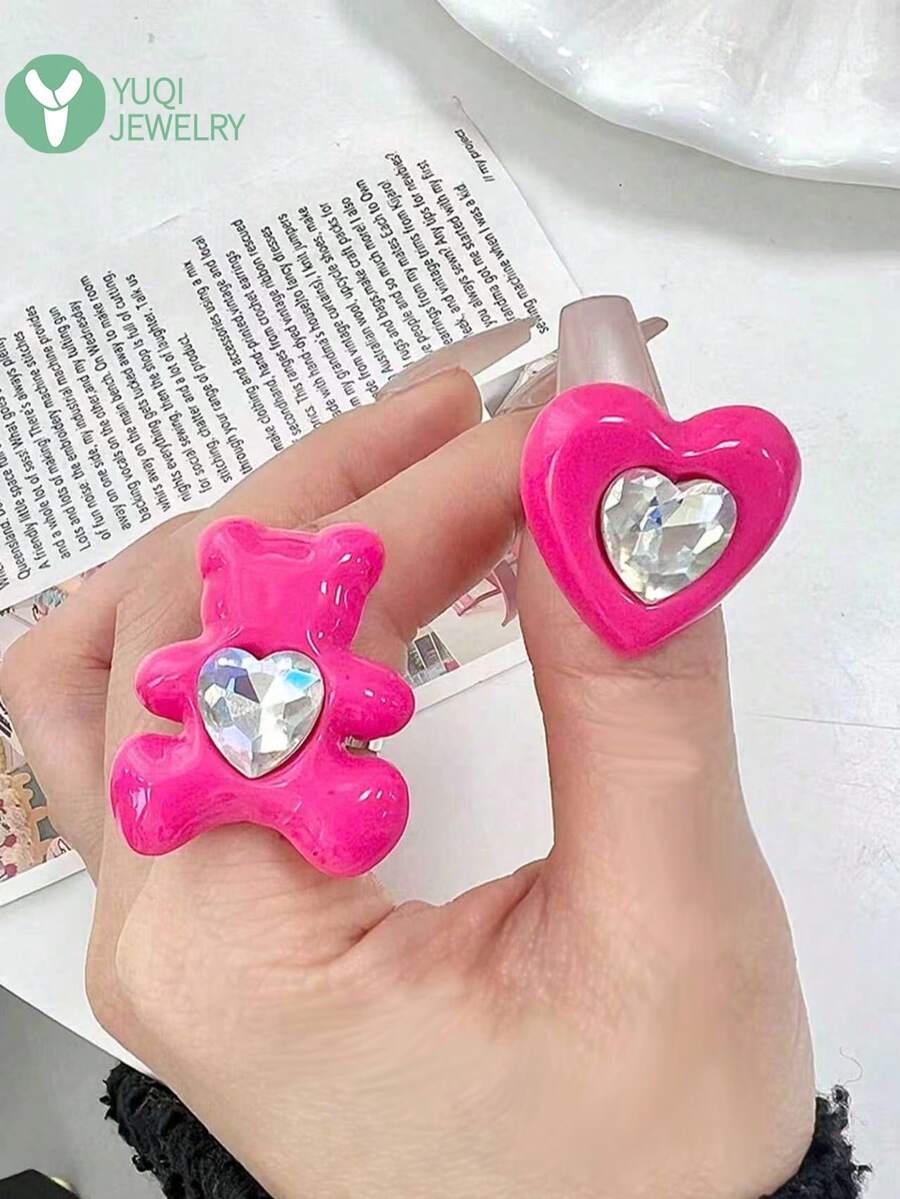 Nhẫn pha lê hình trái tim gấu hồng dễ thương phong cách Y2K, nhẫn cocktail ngoại cỡ bằng nhựa, phụ kiện cho trang phục cá tính. - Nhiều màu - Xem 1