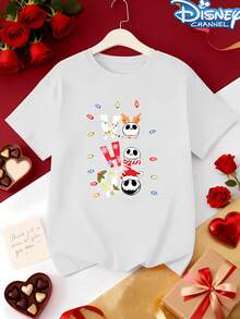 The Official Disney- New Women's Casual Ribbed Round-Neck Short-Sleeved Valentine's Day Jack Skellington Christmas-Themed Printed Casual And Versatile Retro Women's T-Shirt Is Suitable For Spring, Summer And Autumn. Available Sizes Range Fr - 白色 - 查看 1