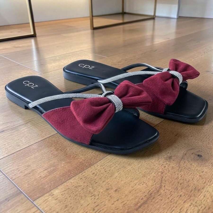 Women's Flat Sandal With Glitter, Luxury, Comfortable Insole, Low Sole, Soft Flat Sandal - Redwood - View 1