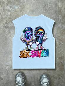 Teenage Boys' Cartoon 67 Pattern Sleeveless Round Neck Tank Top, Cute & Cool Casual Style - Baby Blue - View 3