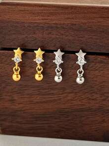1 chiếc khuyên rốn bằng bạc S925, kiểu dáng đơn giản với hình ngôi sao nhỏ, giọt nước và quả cầu đá Zirconia, thích hợp cho phụ nữ đeo hàng ngày, phụ kiện trang sức, quà tặng cho bạn bè. - phụ kiện bông tai đơn - Xem 2