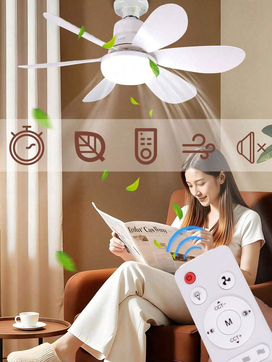 1个20.4英寸大型吊扇，6叶，E26/27灯座，原装炫彩LED灯，遥控器，3档风速，可调光，适用于室内卧室、厨房、阳台、车库，白色圆形灯罩