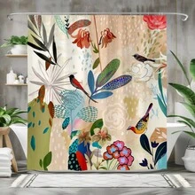 1pc 2D Flat Floral And Bird Pattern Colorful Shower Curtain, Modern Fabric Bathroom Decor, Waterproof Polyester Fiber, Vivid Natural Artwork, Unique Accessory, Easy To Clean, Eye-Catching Home Decoration, Elegant Pattern Aesthetic - Multicolor - View 11
