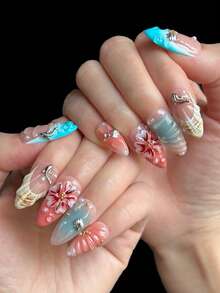 Bộ 10 miếng dán móng tay hình hạnh nhân thủ công, chủ đề đại dương, phong cách Y2K, họa tiết vỏ sò 3D nổi, chạm khắc hoa, màu ombre, phù hợp cho các bạn gái và phụ nữ sử dụng hàng ngày, đi biển và trang trí khi đi du lịch. Sản phẩm kèm theo gel dán và dũa móng. - Nhiều màu - Xem 4