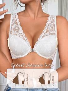 Women's Front Closure Lace Wireless Bra, Beautiful Back Design, Breathable & Comfortable, Lift & Enhance, Suitable For Casual Daily Wear - White - View 6