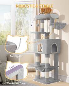 HEXCELEN 162CM Cat Tree For Indoor Cats, Cat Tower With Large Hiding Cave, Scratching Post With Large Platforms, Multi-Level Cats Activity Center, Sisal Rope, Hammock - Light Grey - View 3