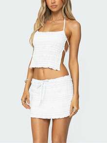 Women's 2 Piece Outfits Smocked Mini Skirt Set Casual Sleeveless Backless Smocked Halter Neck Tie Up Crop Top + Bodycon Short Mini Skirt Set Cocktail Party Beach Dress - F671-白色 - 查看 3